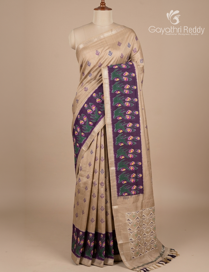 Pure Ikat Silk Saree in Chikoo and Wine