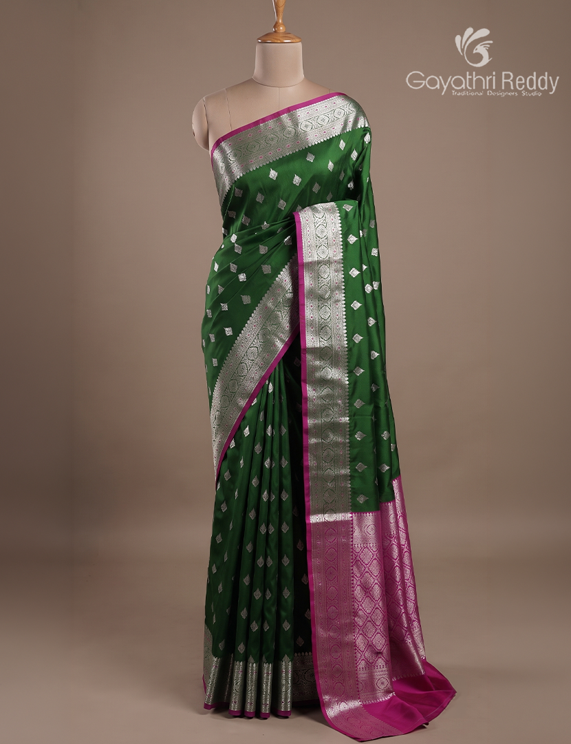 Semi Banaras Katan Silk Saree in Green and Pink