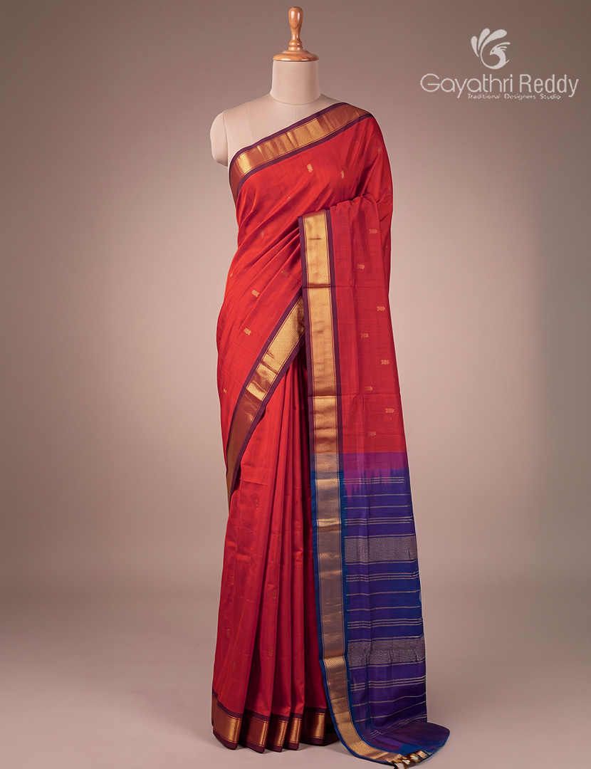 Pure Arani Sico Saree in Red and Navy Blue