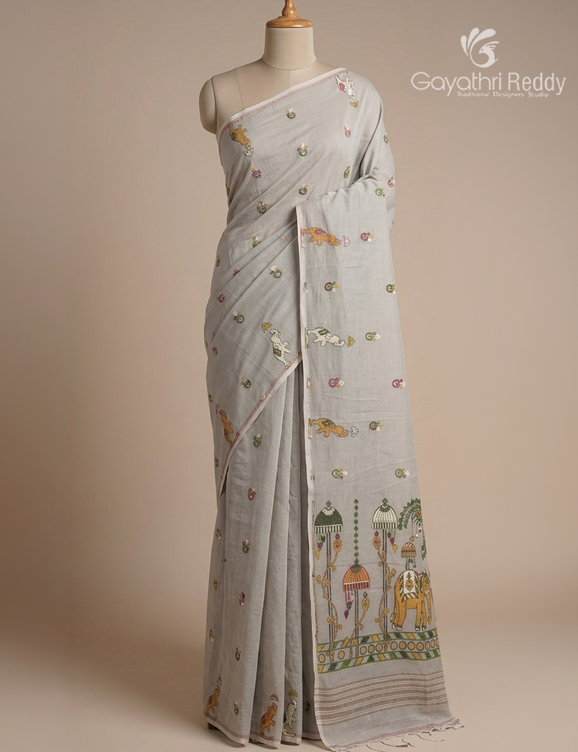Jamdani Cotton Saree in Concrete Grey