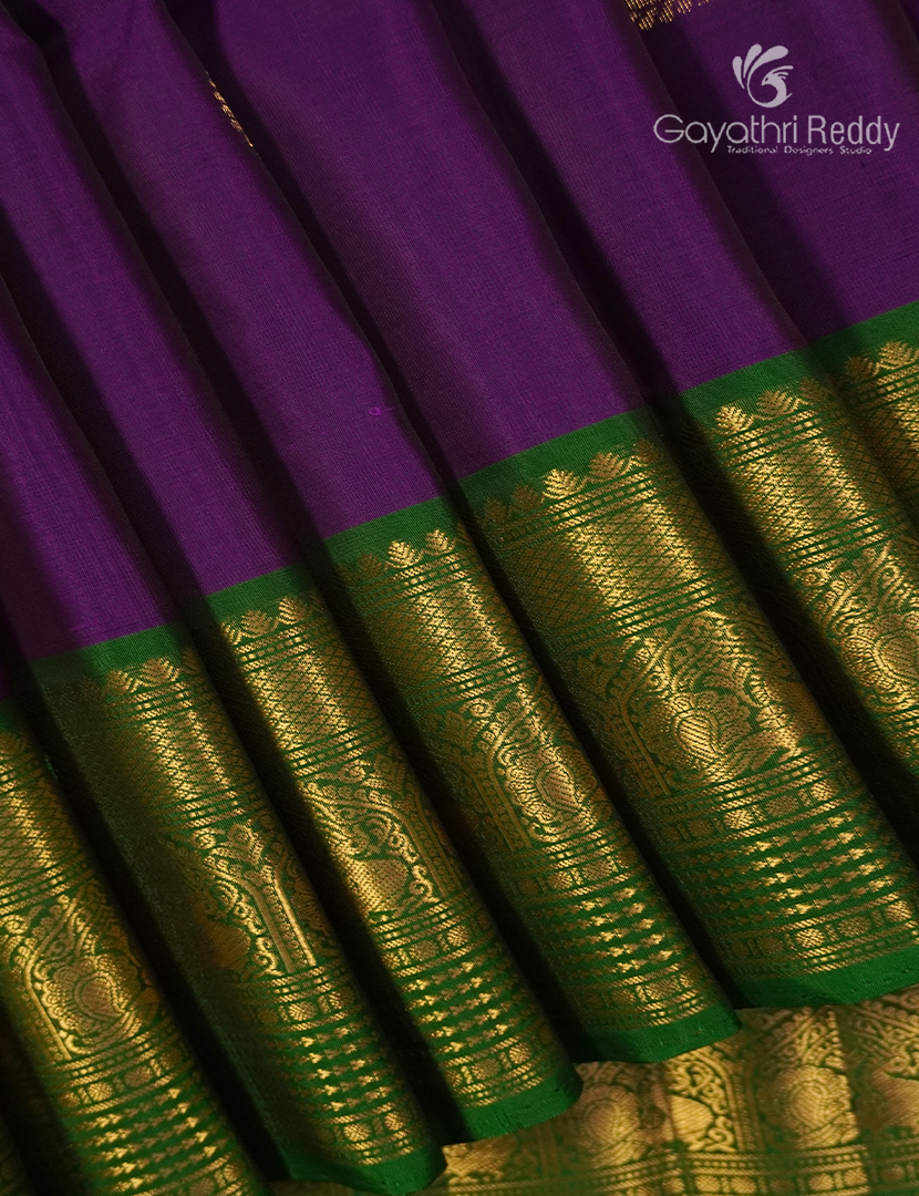Pure Kanchipuram Soft Silk Saree in Purple and Parrot Green