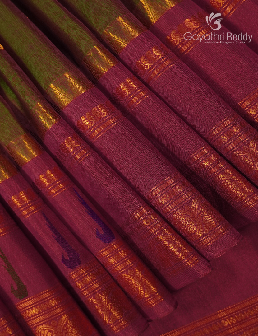 Pure Gadwal Silk Saree in Mehendi Green and Magenta