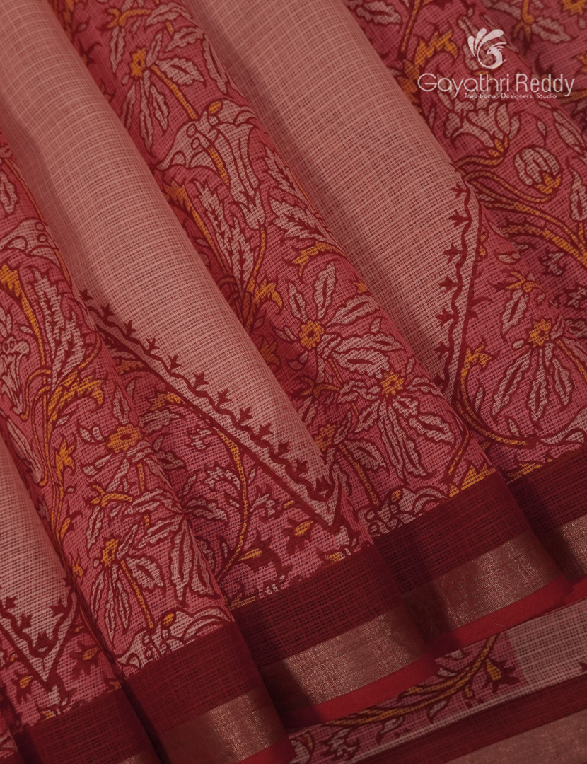 Premium Quality Cotton Kota Saree in Light Peach and Maroon