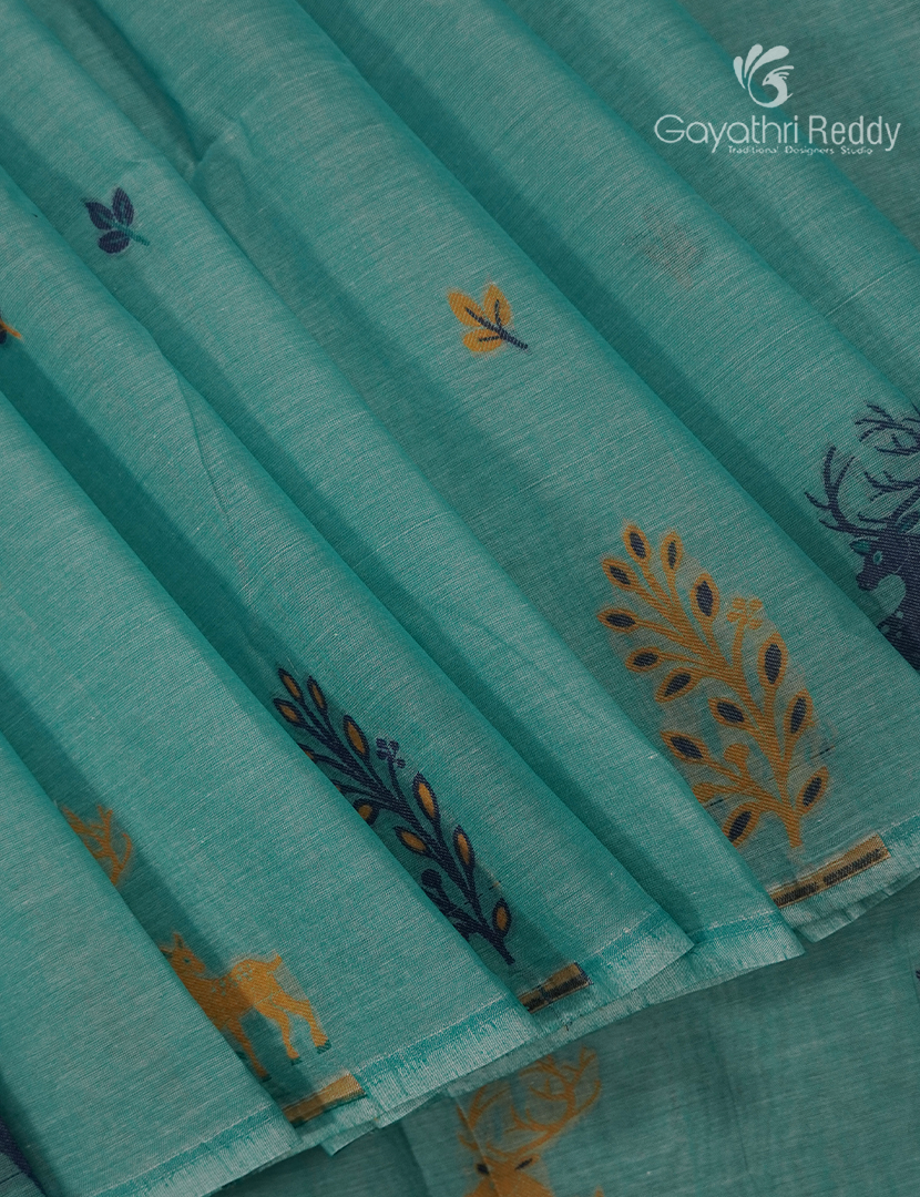 Jamdani Cotton Saree in Teal Blue