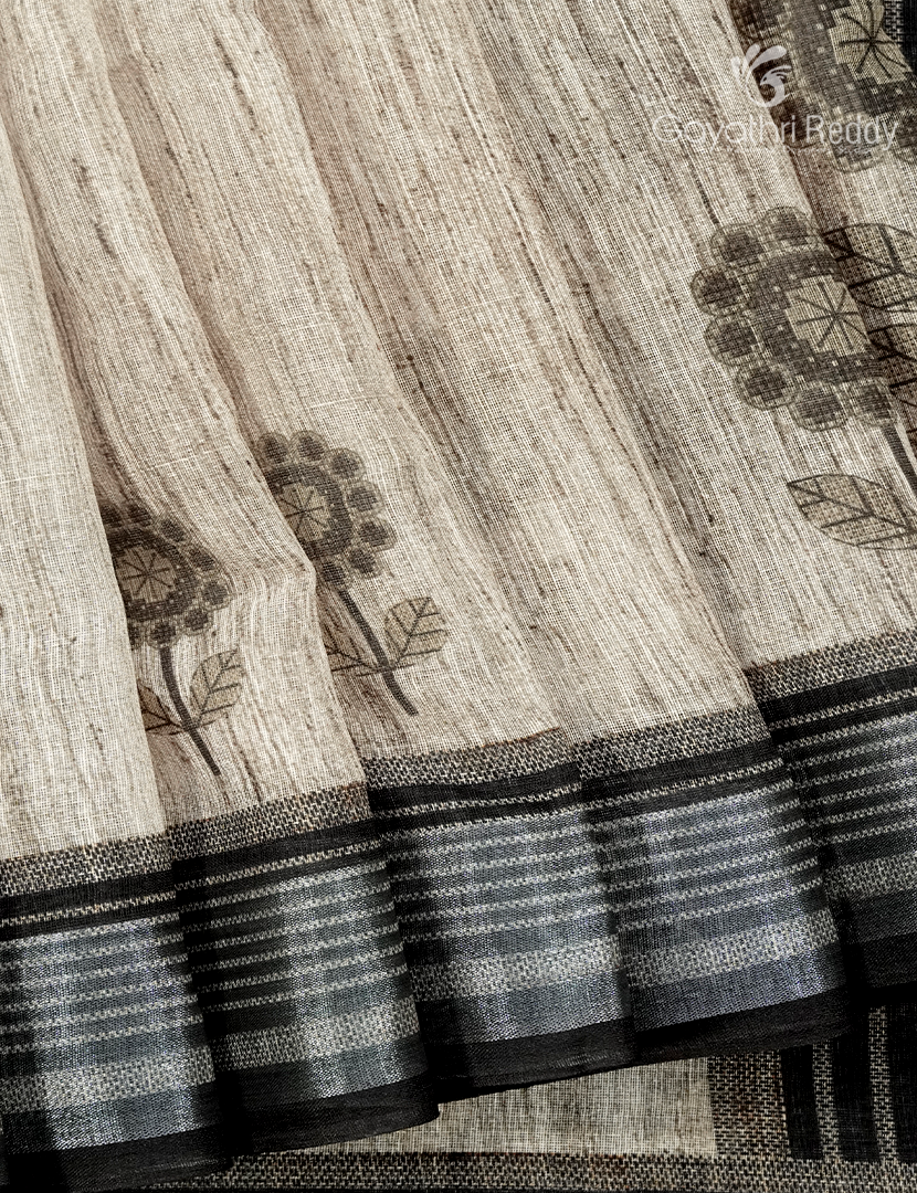 Linen Silk Saree in Cream and Black