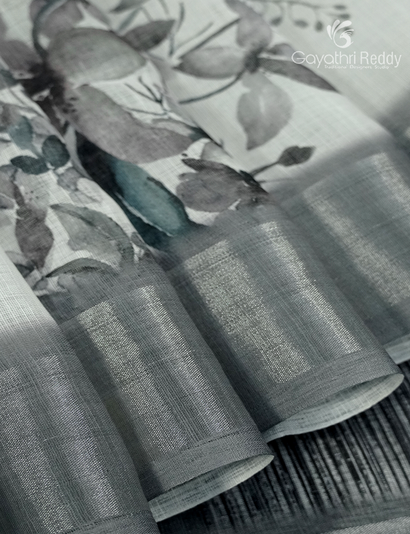Linen Silk Saree in White and Black