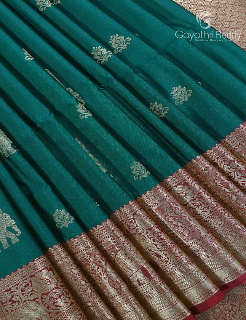 Soft Silk Saree in Deep Rama Green and Burgundy