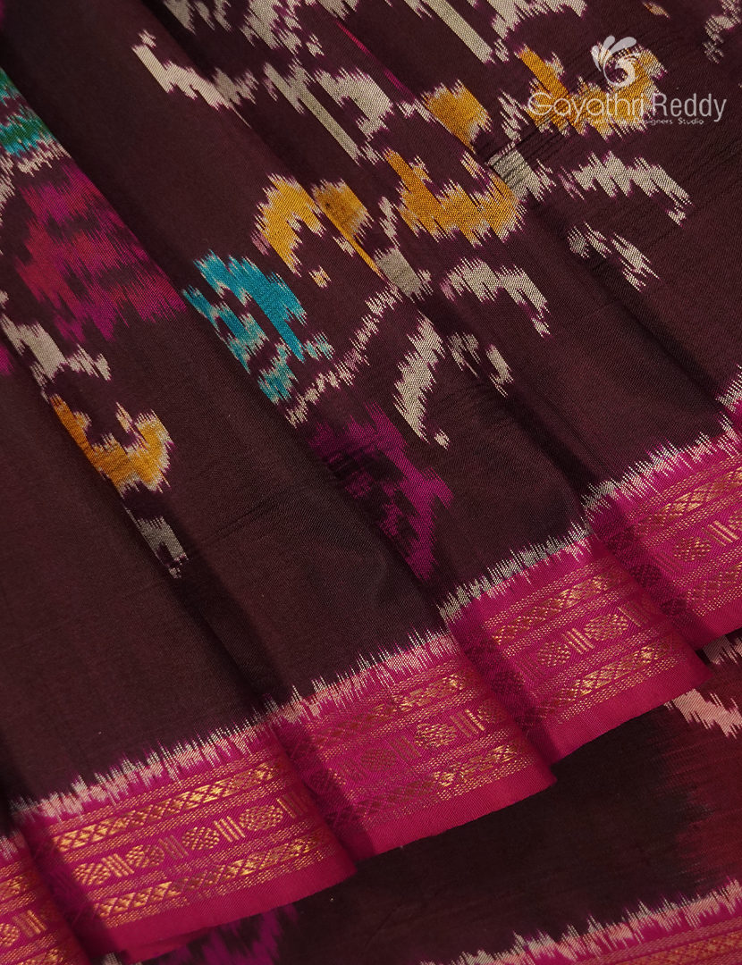 Pure Ikat Silk Saree in Deep Brown and Pink