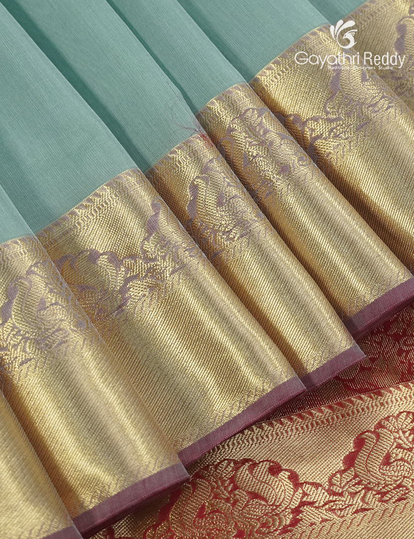 Pure Kanchipuram Sico Saree in Pastel Sea Blue and Red