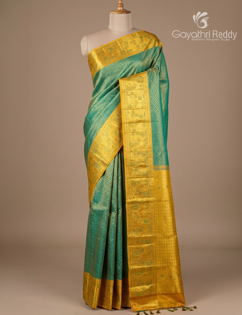 Pure Kanchipuram Bridal Silk Saree in Sea Green and Golden Yellow ( Brocade )