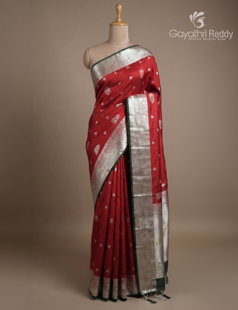 Soft Silk Saree in Deep Rust and Deep Green
