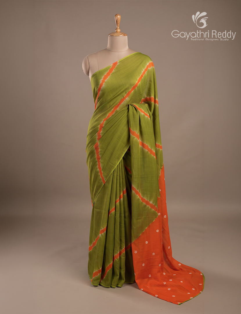 Pure MulMul Cotton Saree in Mehendi Green and Orange