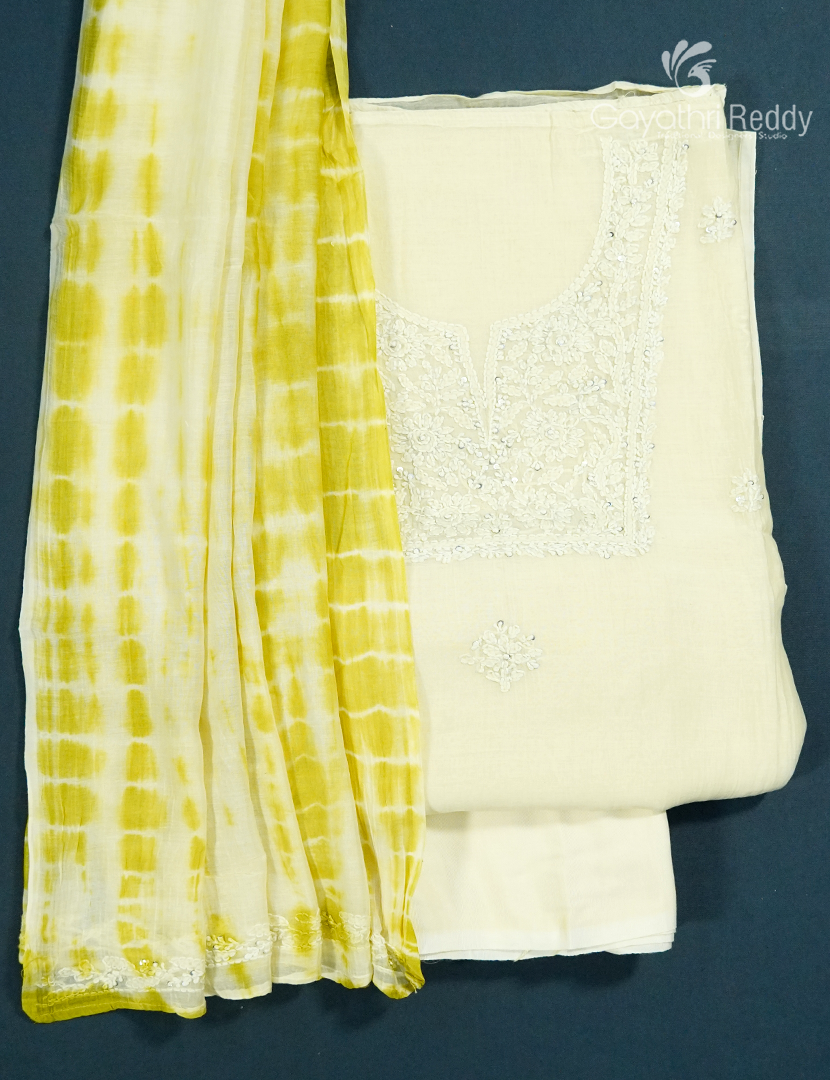 Dress Material 3 Piece Set in Cream and Lime Yellow