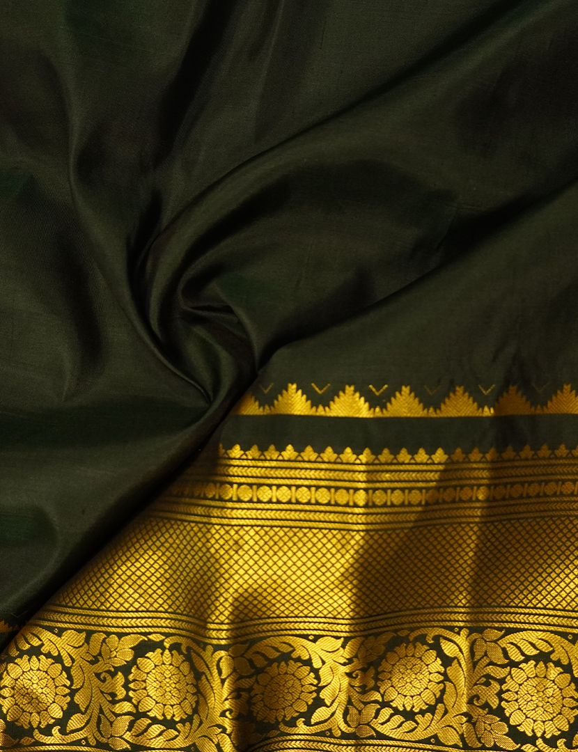 Pure Gadwal Silk Saree in Deep Olive Green