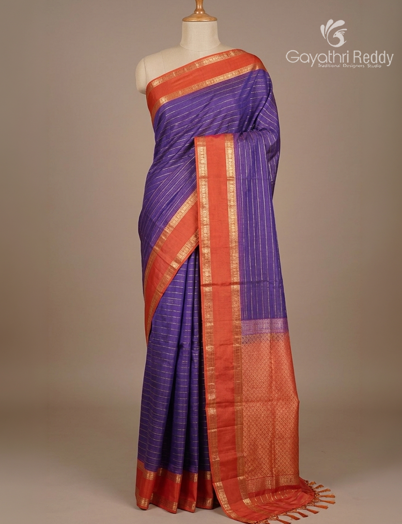 Pure  Kanchipuram Vintage Silk Saree in Violet and Orange