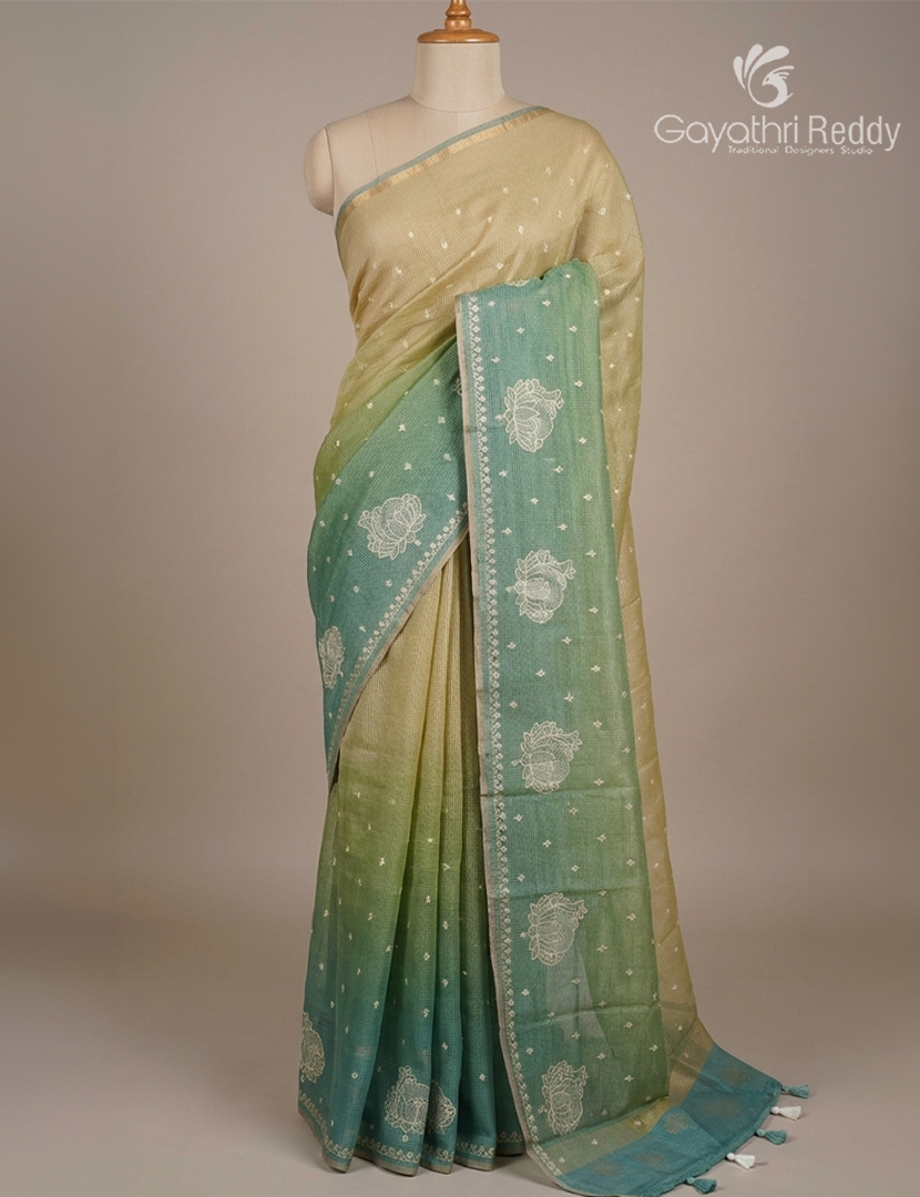 Silk Kota Saree in Lime Green and Sea Green