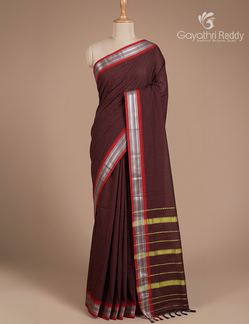 Pure Narayanpet Cotton Saree in Deep Brown