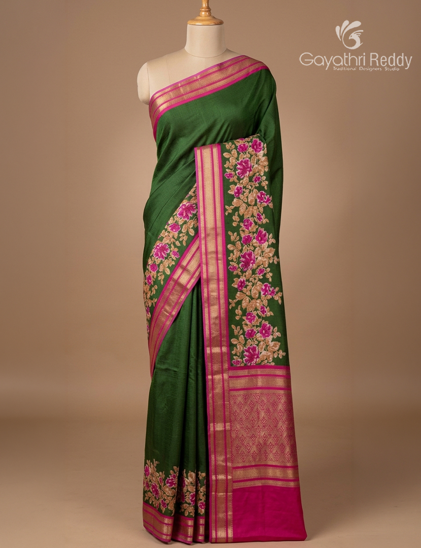 Semi Mysore Silk Saree in Bottle Green and Rani Pink