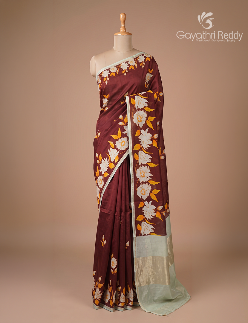 Pure Maheshwari Silk Saree in Brown and Pastel Sea Blue