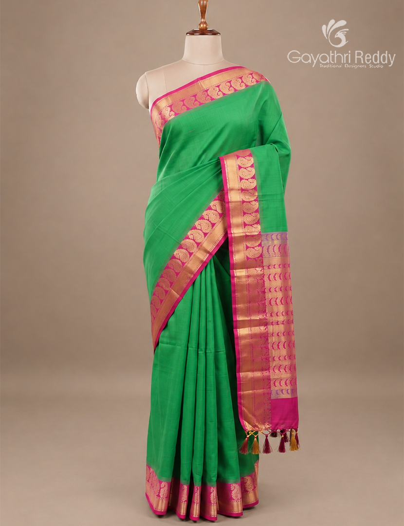Pure Kanchi Sico Saree in Parrot Green and Lotus Pink
