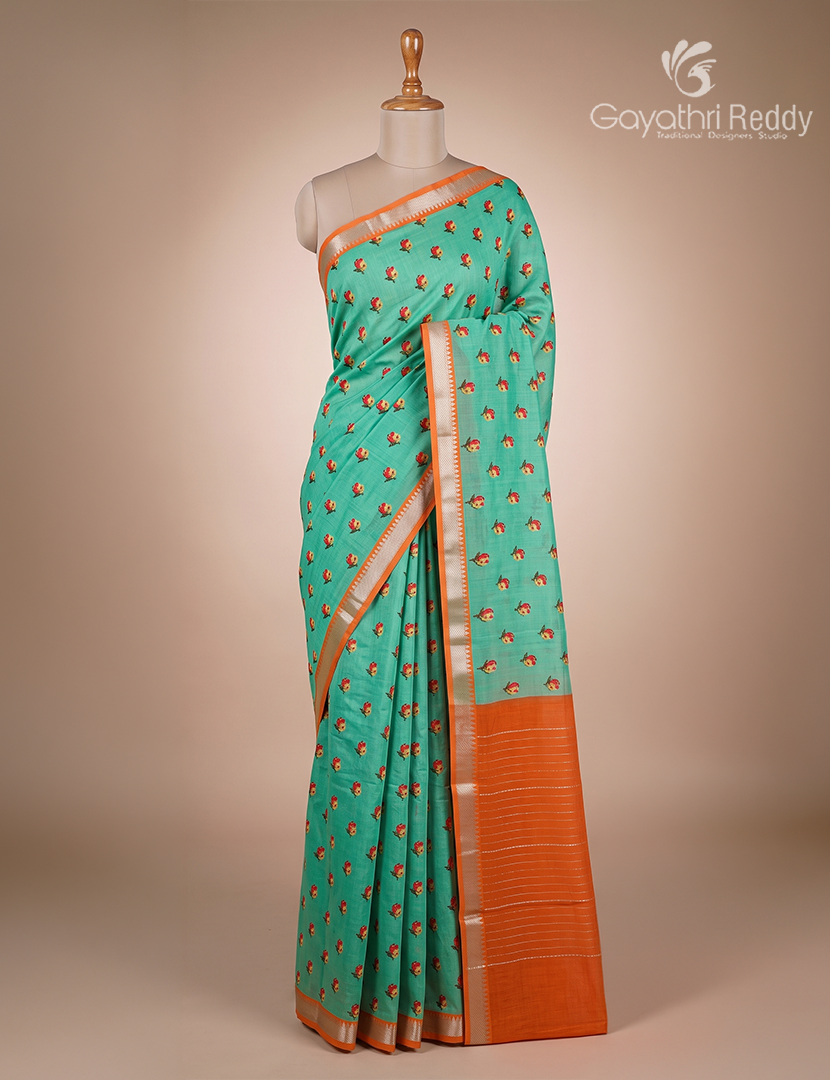 Mangalagiri Pattu Saree  in Sea Foam Green and Orange