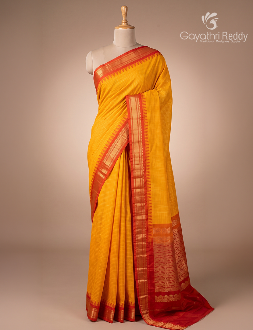 Pure Gadwal Cotton Saree in Yellow and Red