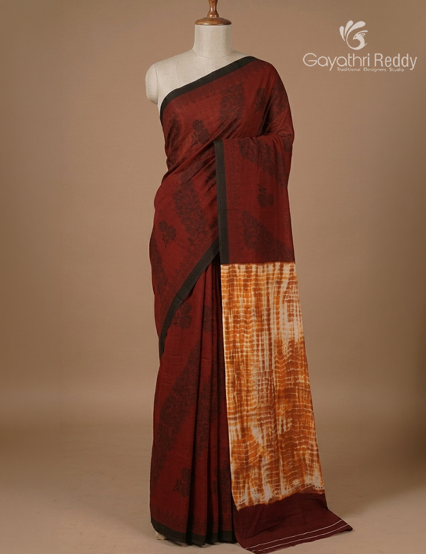 Pure MulMul Cotton Saree in Maroon and Mustard