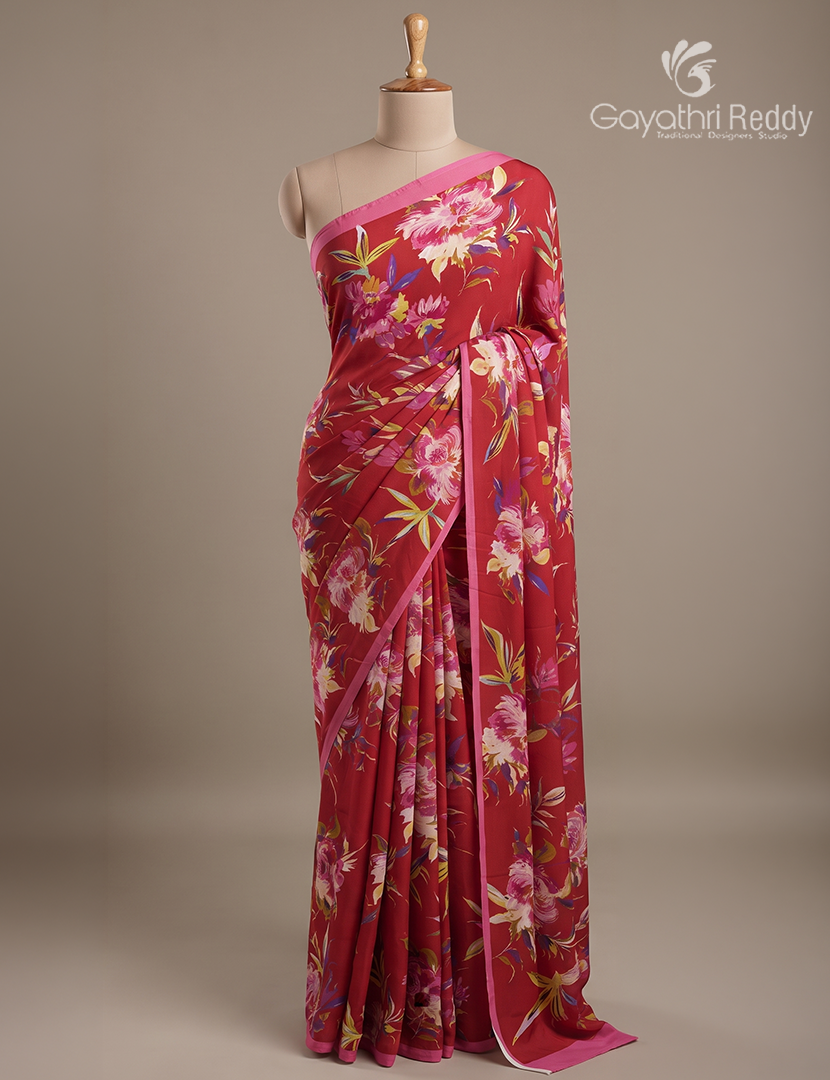 Pure Crepe Silk Saree in Reddish Pink and Baby Pink