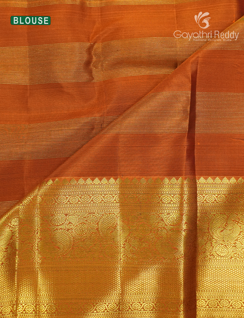 Pure Kanchipuram Silk Vintage Saree in Deep Mango Green and Rust Orange