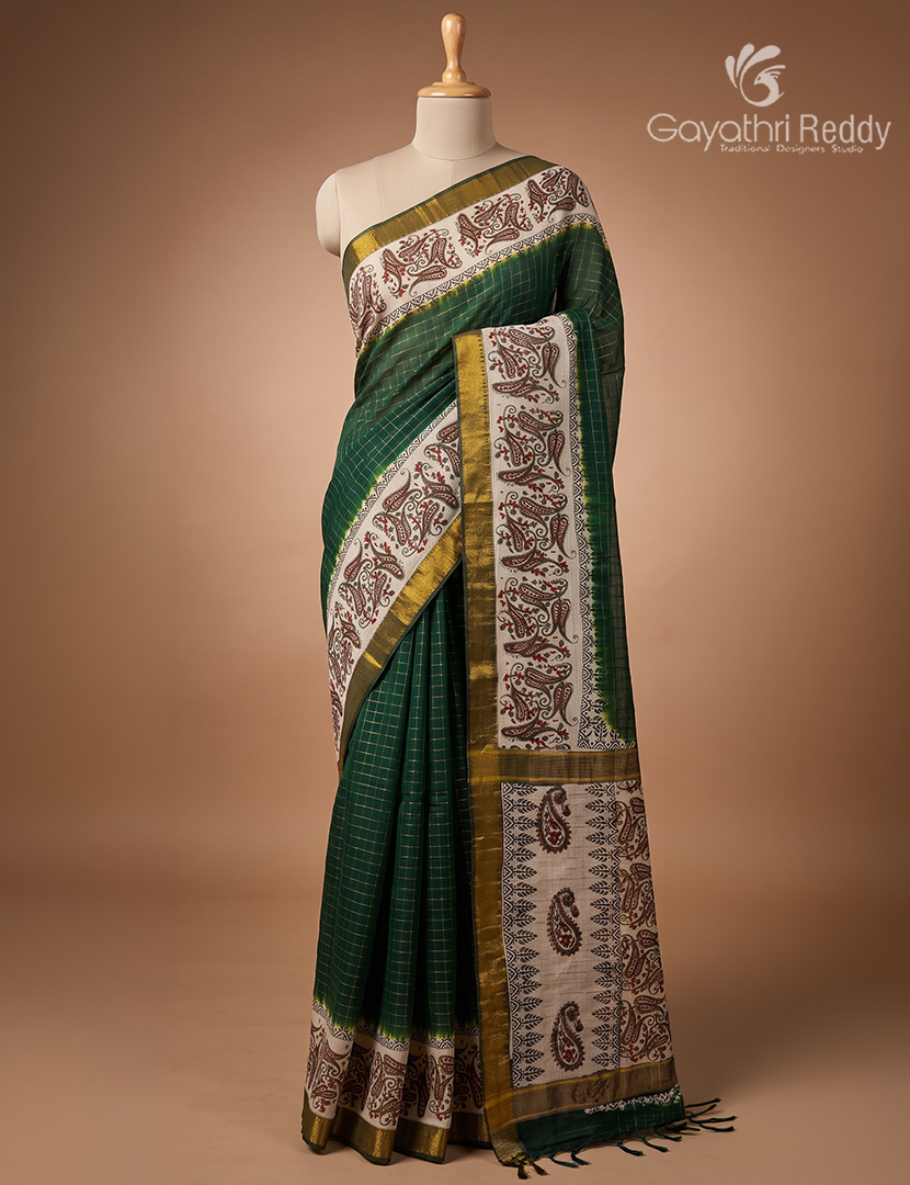 Mangalgiri Kalamkari Saree in Bottle Green