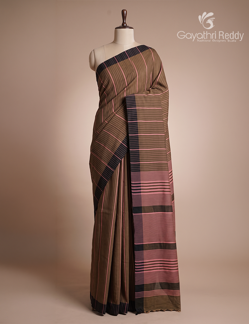 Pure Handloom Cotton Saree in Deep Olive and Baby Pink