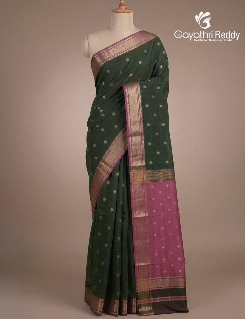 Kanchipuram Sico Saree in Deep Green and Rose Pink