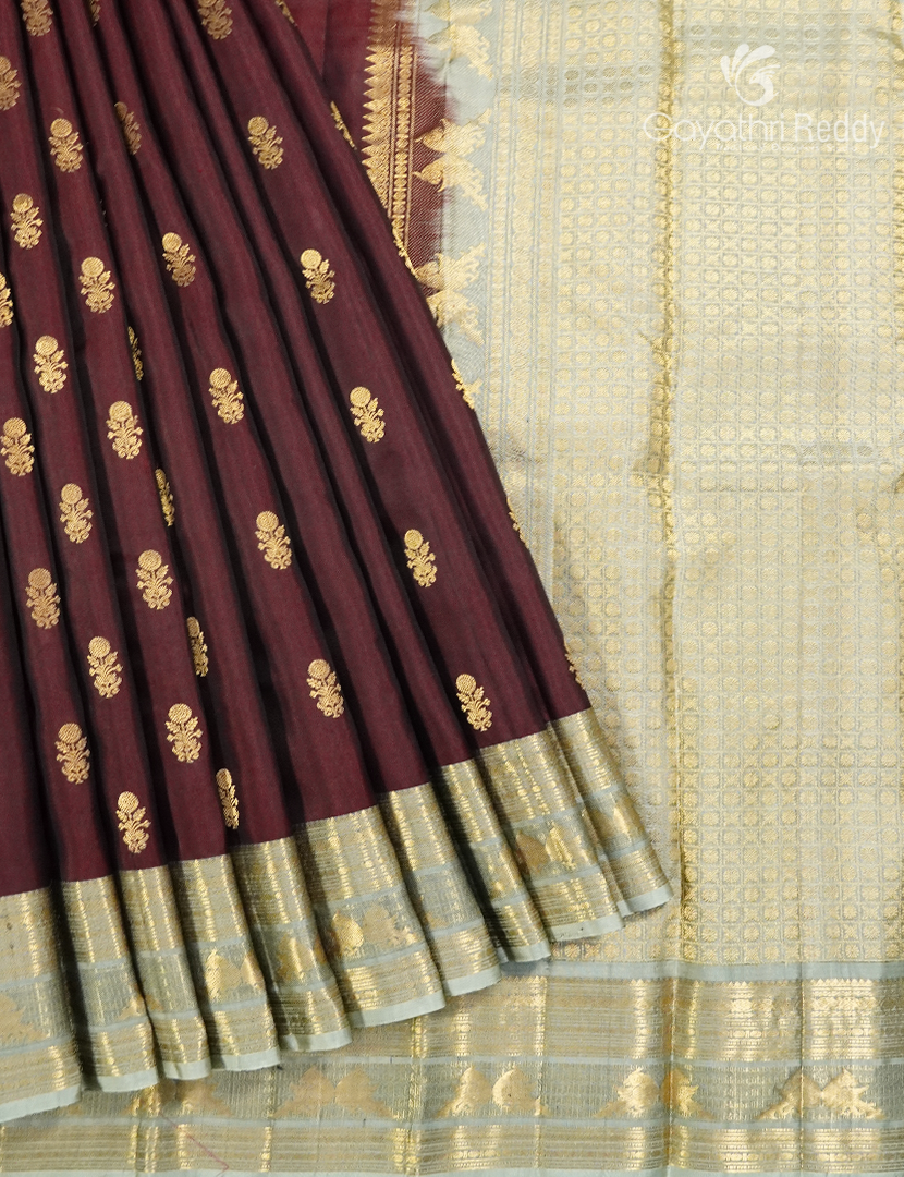Pure Kanchipuram Silk Saree in Deep Brown and Mint Green(Medium Borders )-KP8771