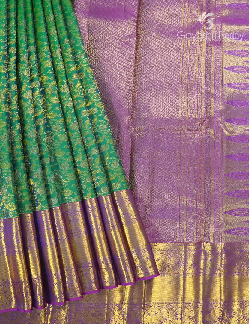Pure Kanchipuram Silk Bridal Saree in Parrot Green  and Purple