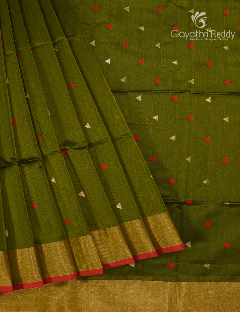 Pure Chanderi Sico Saree in Olive Green