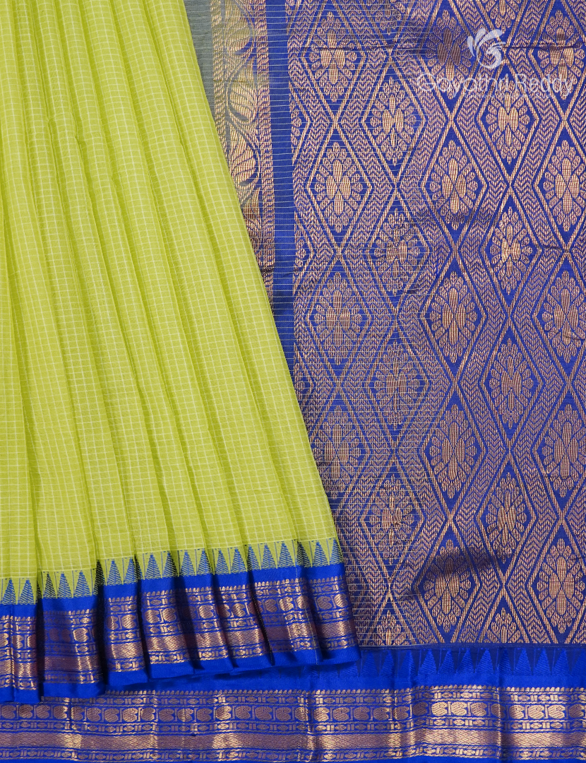 Pure Gadwal Cotton Saree in Neon Green and Deep Blue