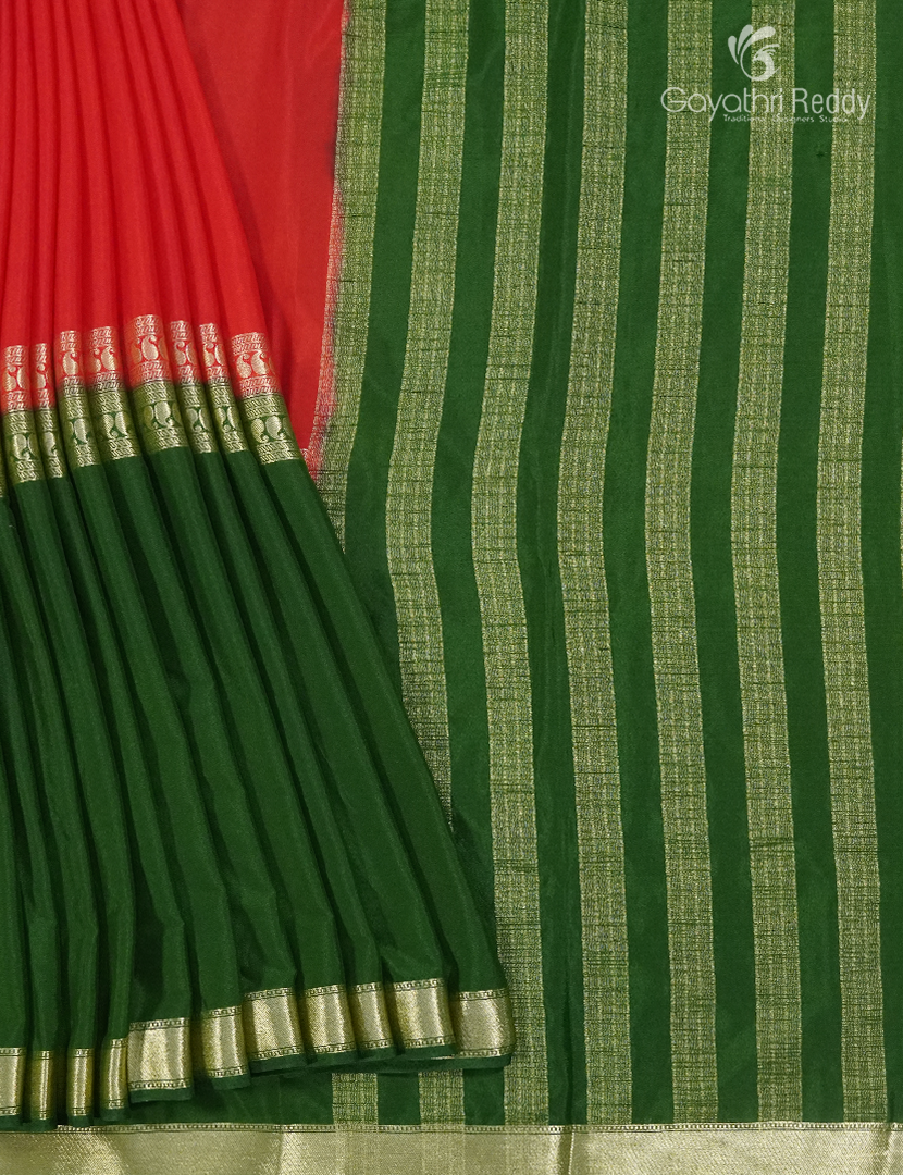 Semi Mysore Crepe Saree in Rani Pink and Bottle Green