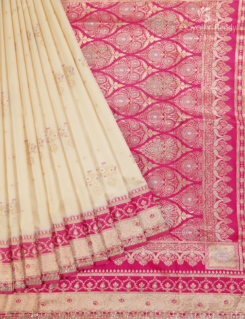 Semi Kanchipuram Silk Fancy  Saree in Off-White and Pink