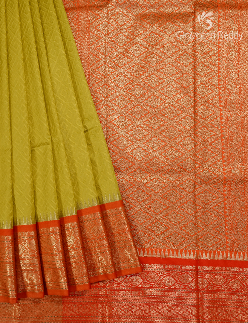 Semi Katan Silk Saree in Mehendi Green and Red