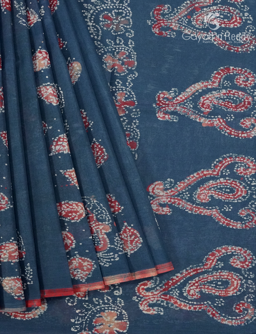 Cotton Batik Print Saree in Indigo Blue
