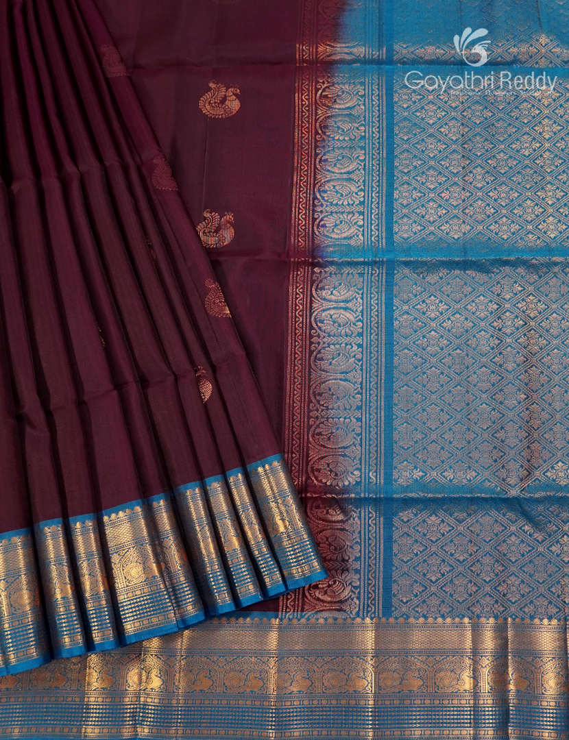 Pure Kanchipuram Soft Silk Saree in Deep Maroon and Blue