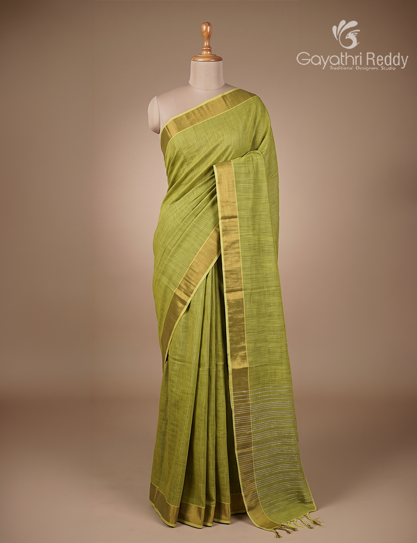 Pure Handloom Cotton Saree in Mehendi Green