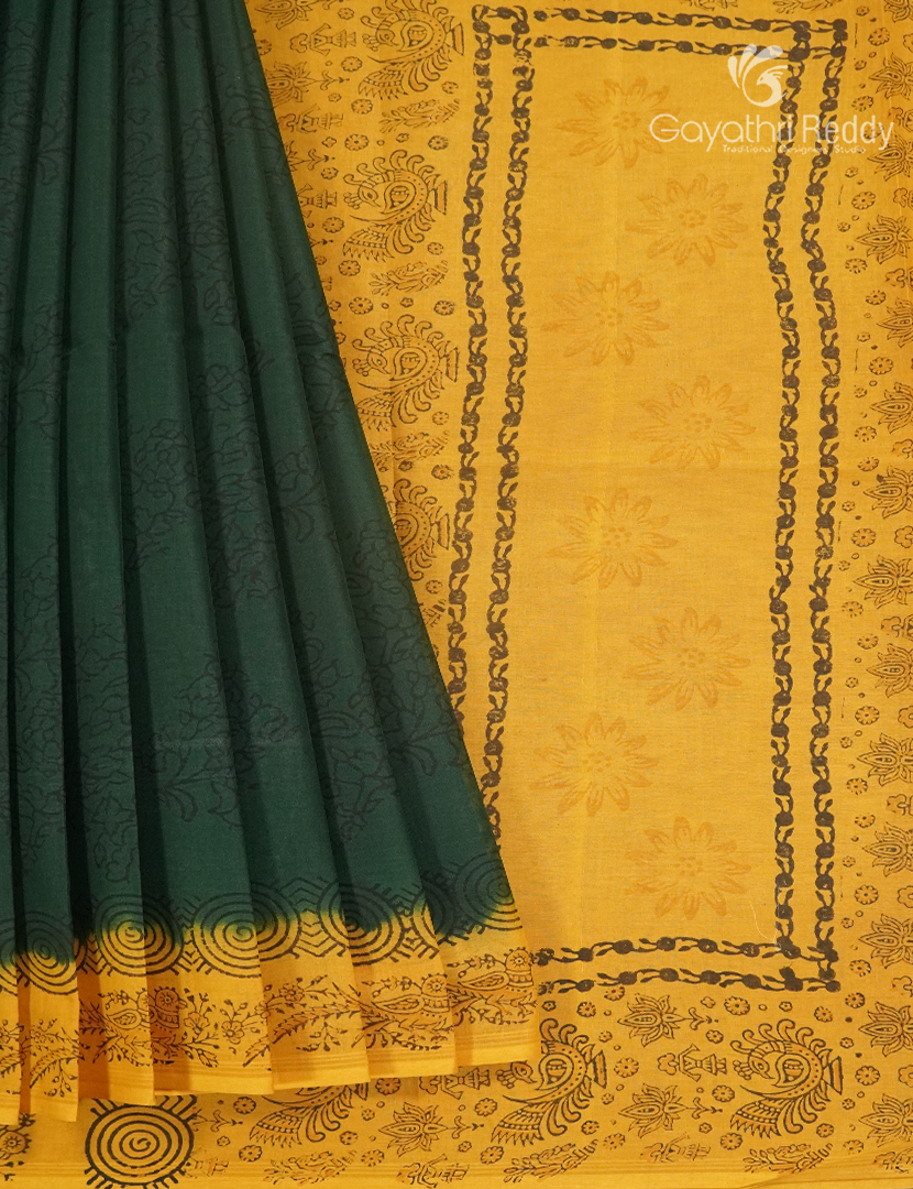Cotton Batik Print Saree in Bottle Green and Yellow