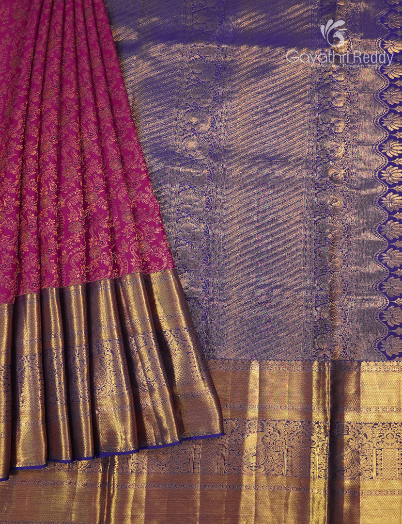 Pure Kanchipuram Bridal Silk Saree  in Deep Pink and Blue