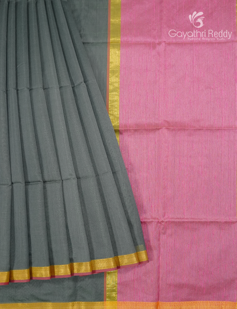 Pure Chanderi Sico Saree in Ash Grey and Baby Pink