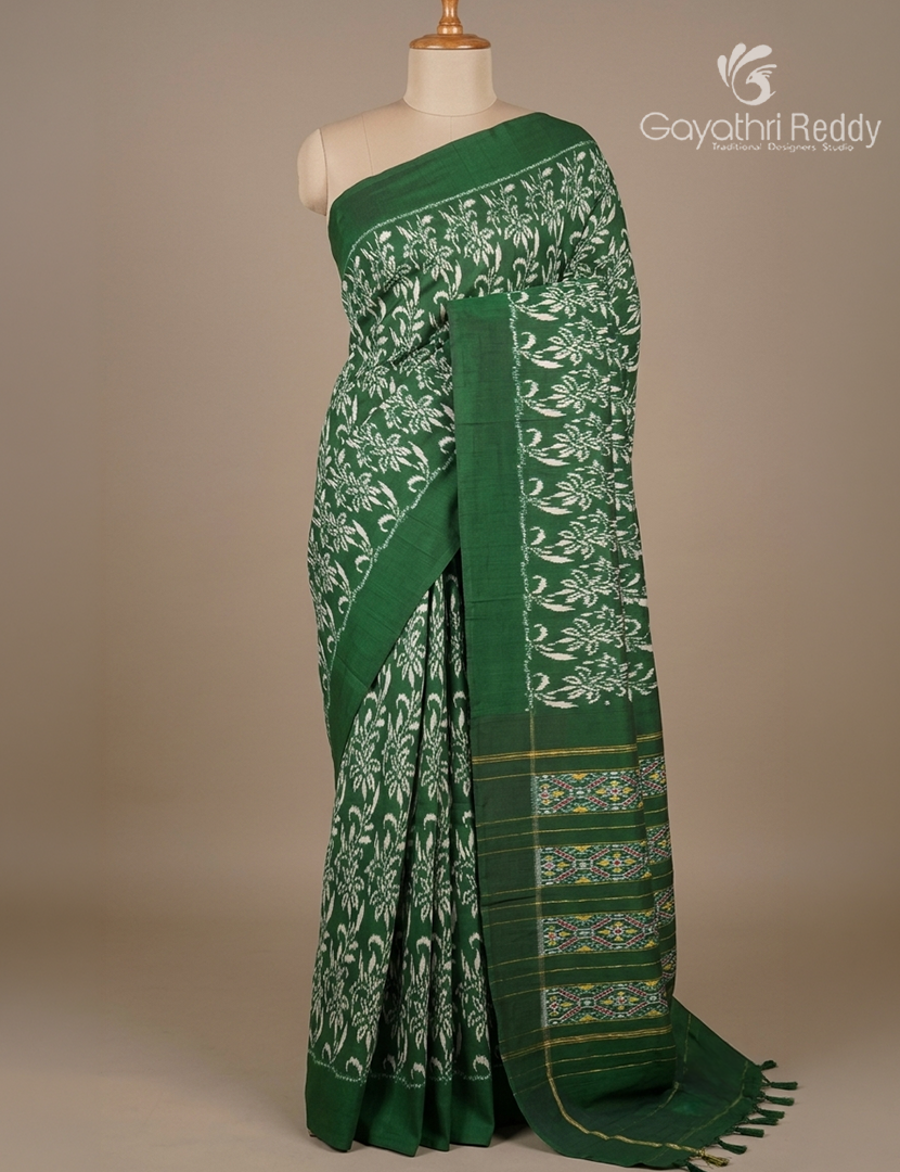 Pure Ikat Silk Saree in Bottle Green