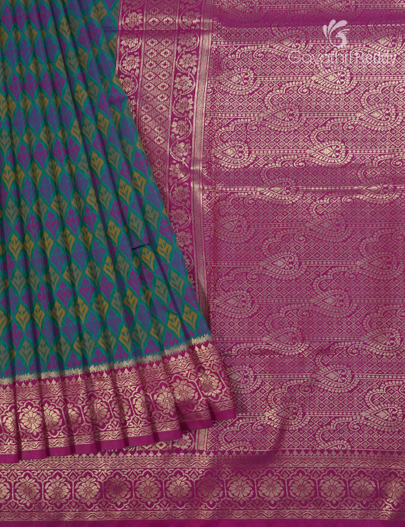 Semi Kanchipuram Art Silk Saree in Deep Peacock Green and Magenta