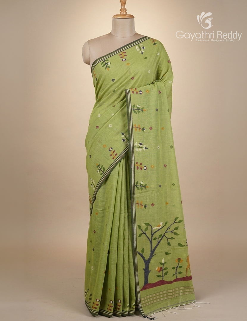 Jamdani Cotton Saree in Mehendi Green