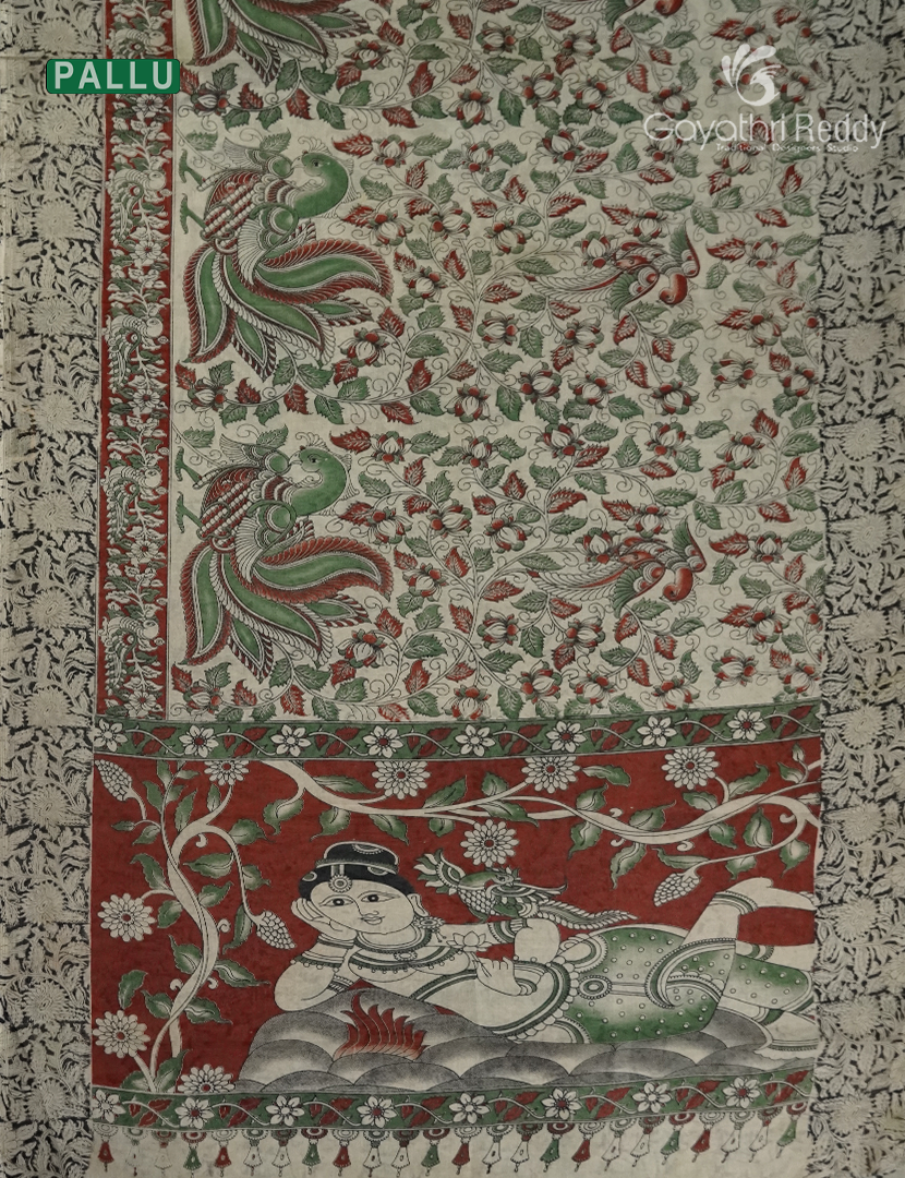 Kalamkari Printed Cotton Saree in Beige and Rust Red