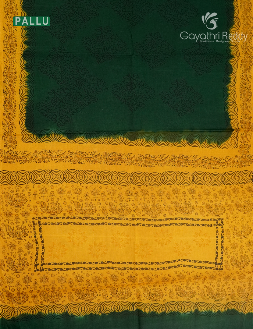 Cotton Batik Print Saree in Bottle Green and Yellow